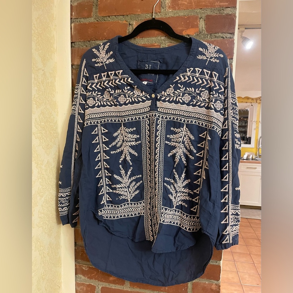 Workshop Republic Clothing Navy Blouse with Cream Embroidery